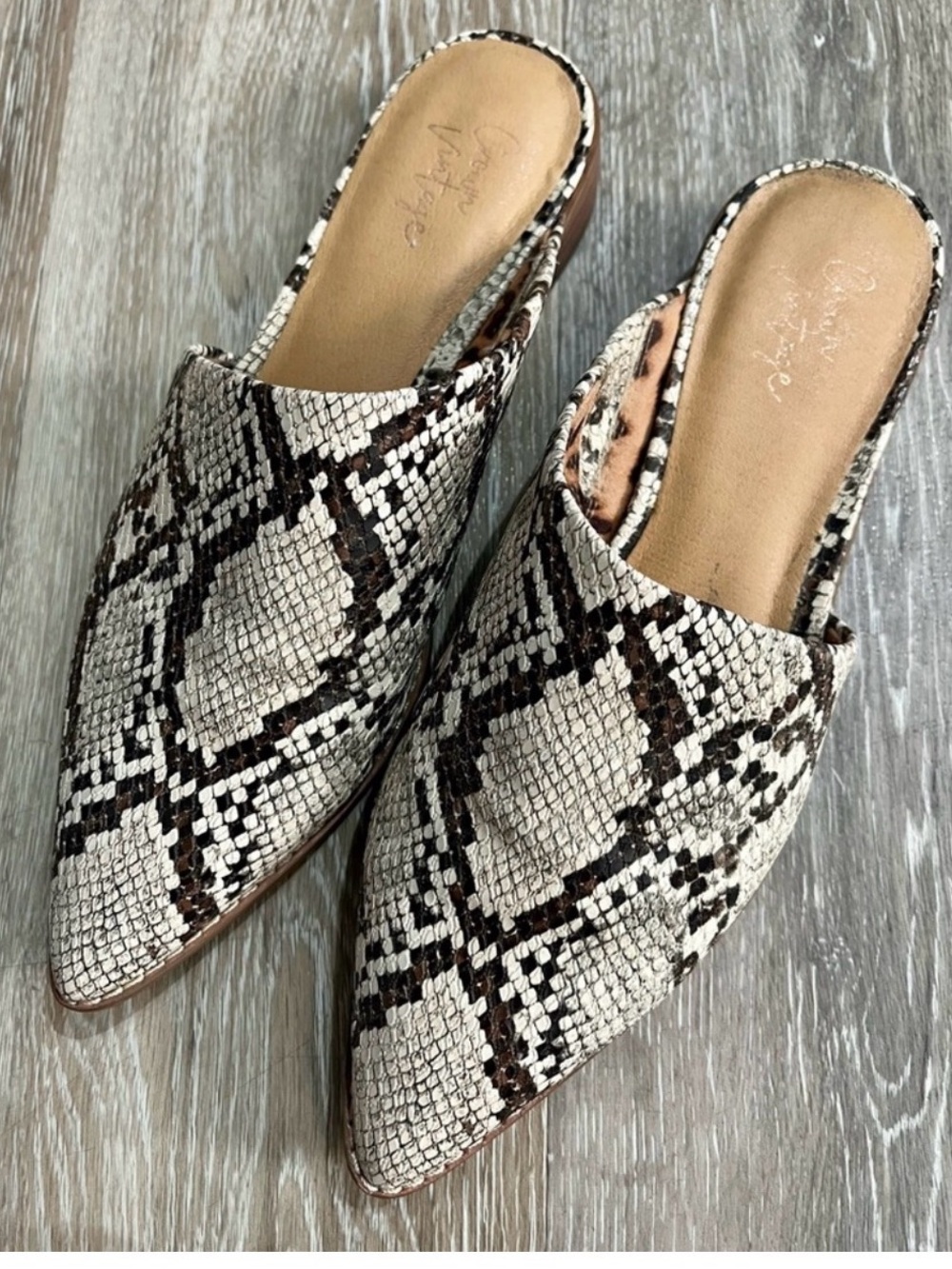 Crown Vintage Pointed Toe Snake-Print Slide Mules in Black and White